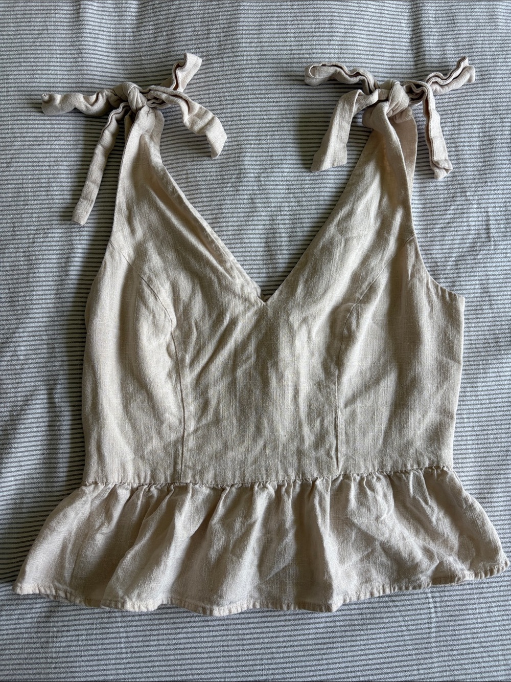 Express Beige Tie-Shoulder Linen Peplum Tank